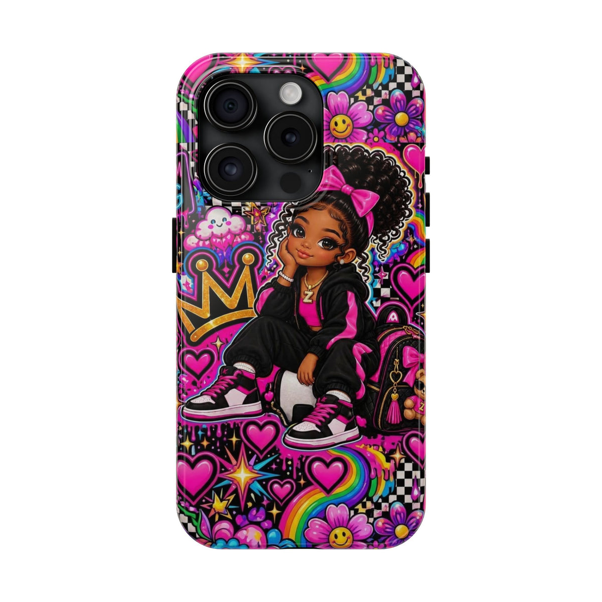 Cute Black Girl Phone Case Pink Crowned Girl, Hearts & Rainbow Tough Case