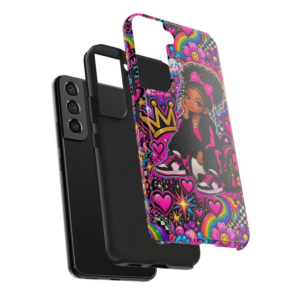 Cute Black Girl Phone Case Pink Crowned Girl, Hearts & Rainbow Tough Case