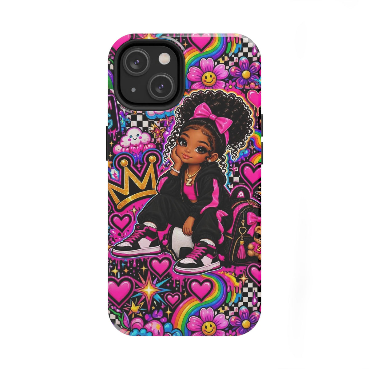 Cute Black Girl Phone Case Pink Crowned Girl, Hearts & Rainbow Tough Case