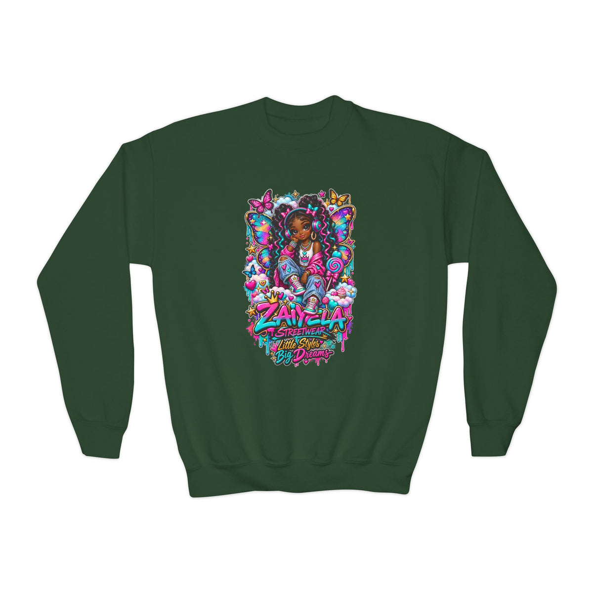 Youth Crewneck Sweatshirt — Colorful Butterfly Girl Graphic Sweatshirt for Kids