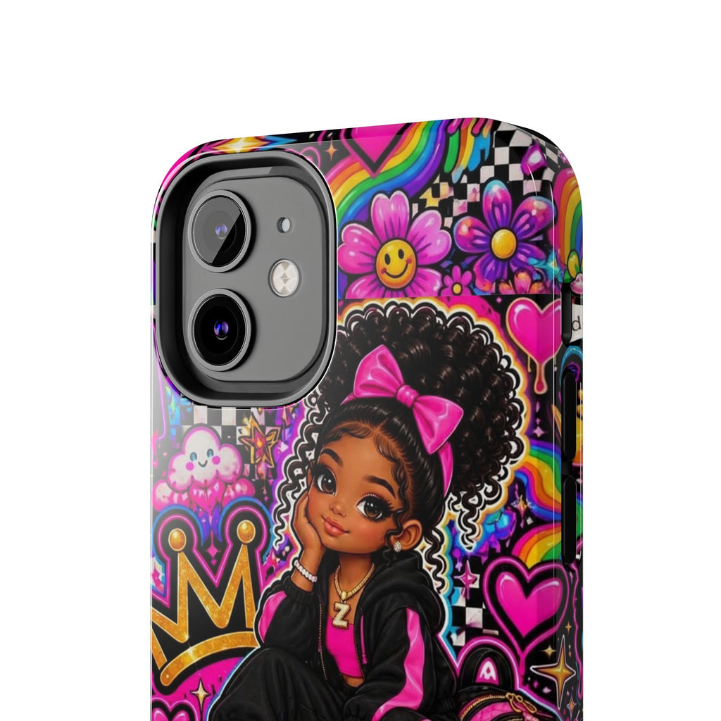 Cute Black Girl Phone Case Pink Crowned Girl, Hearts & Rainbow Tough Case