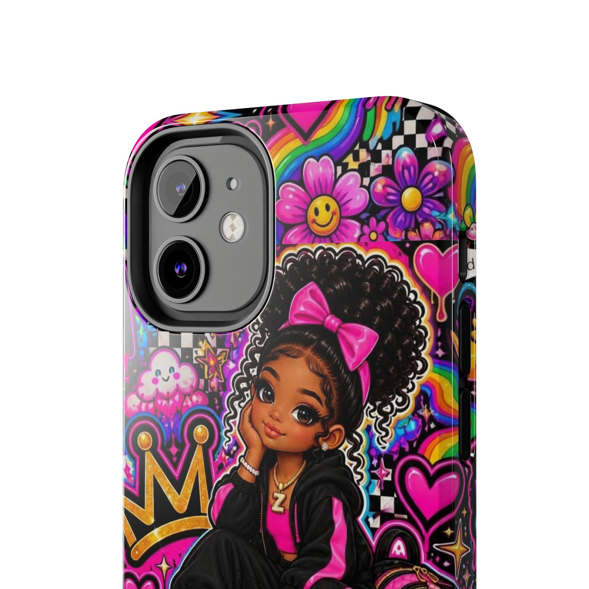 Cute Black Girl Phone Case Pink Crowned Girl, Hearts & Rainbow Tough Case