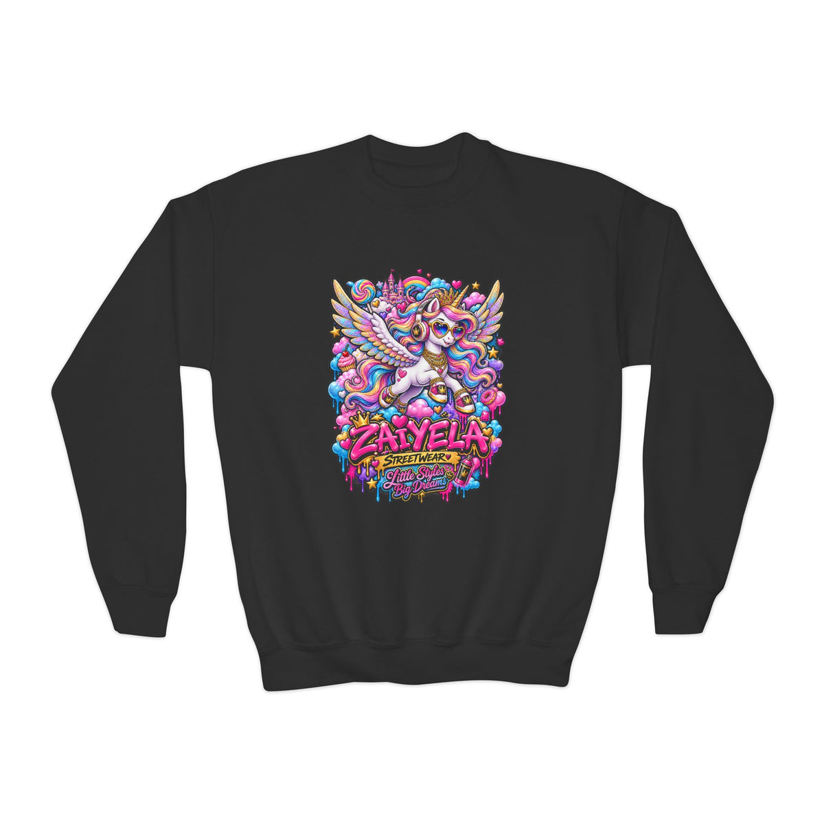 Youth Crewneck Sweatshirt — Colorful Cartoon Pegasus Design