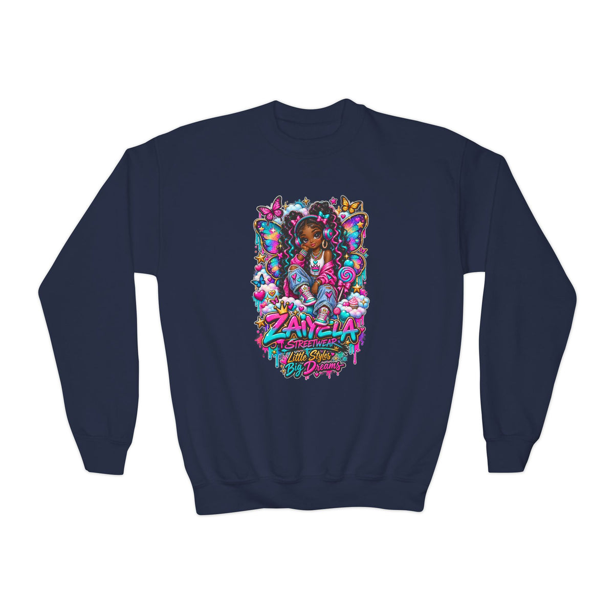 Youth Crewneck Sweatshirt — Colorful Butterfly Girl Graphic Sweatshirt for Kids