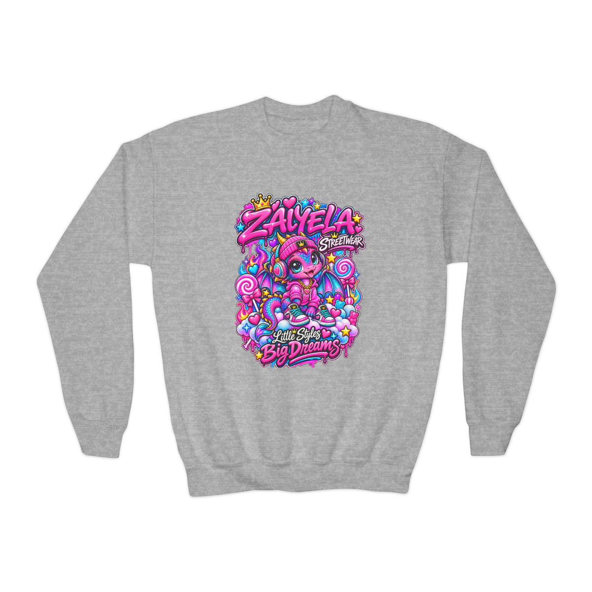 Youth Crewneck Sweatshirt — Colorful Kawaii 'Zalyela' Big Dreams Graphic