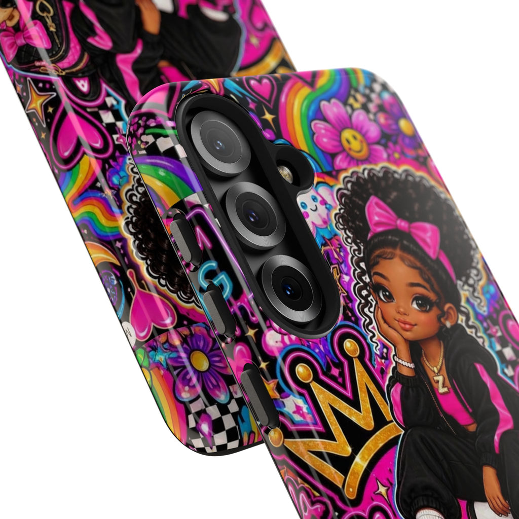 Cute Black Girl Phone Case Pink Crowned Girl, Hearts & Rainbow Tough Case