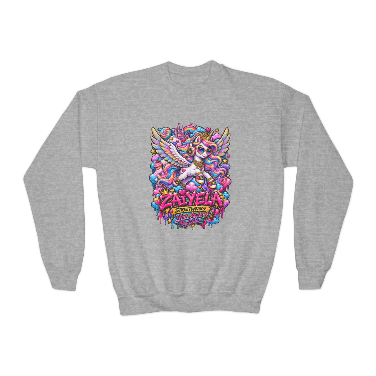 Youth Crewneck Sweatshirt — Colorful Cartoon Pegasus Design