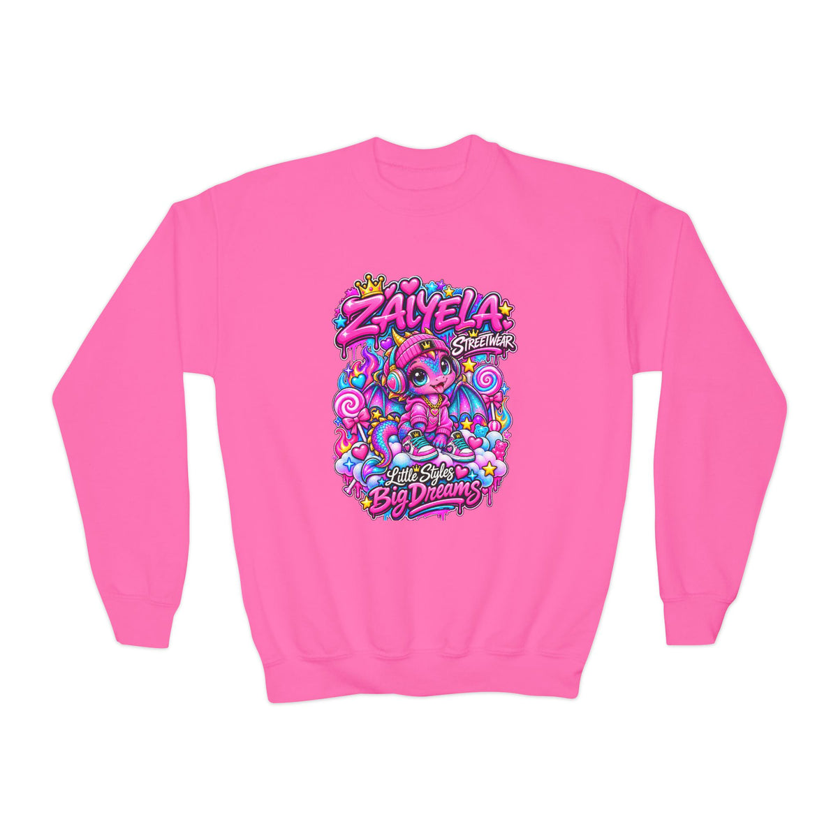Youth Crewneck Sweatshirt — Colorful Kawaii 'Zalyela' Big Dreams Graphic